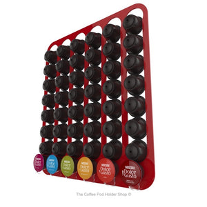 Red, wall mounted, self adhesive Dolce Gusto coffee pod capsule holder. Holds 48 pods in 6 rows.