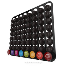Black, wall mounted, self adhesive Dolce Gusto coffee pod capsule holder. Holds 64 pods in 8 rows.
