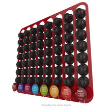 Red, wall mounted, self adhesive Dolce Gusto coffee pod capsule holder. Holds 64 pods in 8 rows.
