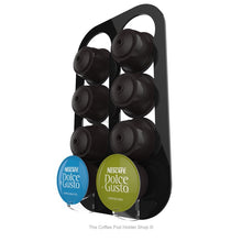 Black, wall mounted, self adhesive Dolce Gusto coffee pod capsule holder. Holds 8 pods in 2 rows.