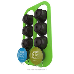 Lime, wall mounted, self adhesive Dolce Gusto coffee pod capsule holder. Holds 8 pods in 2 rows.