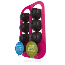 Pink, wall mounted, self adhesive Dolce Gusto coffee pod capsule holder. Holds 8 pods in 2 rows.