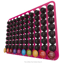 Pink, wall mounted, self adhesive Dolce Gusto coffee pod capsule holder. Holds 80 pods in 10 rows.