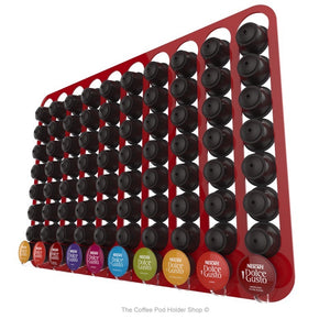 Red, wall mounted, self adhesive Dolce Gusto coffee pod capsule holder. Holds 80 pods in 10 rows.