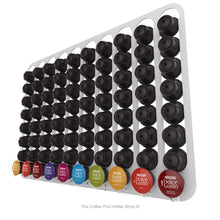 White, wall mounted, self adhesive Dolce Gusto coffee pod capsule holder. Holds 80 pods in 10 rows.