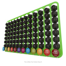 Lime, wall mounted, self adhesive Dolce Gusto coffee pod capsule holder. Holds 96 pods in 12 rows.